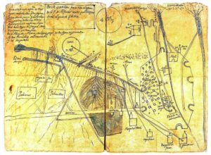 Un mapa vintage dibuixat a mà sobre paper envellit, amb esbossos detallats de fortificacions de terracota, edificis, carreteres i anotacions en una escriptura antiga. El mapa inclou etiquetes, diagrames i mesures, que transmeten una impressió de la planificació històrica.
