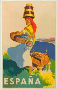 Cartell propagandístic de 1940, on hi apareix una dona amb una ferrada en primer pla. Darrere, un graner amb hórreo, característic del paisatge gallec.