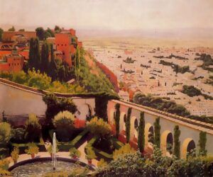 Una vista pintoresca dun paisatge mediterrani amb edificis de terracota i vegetació exuberant en un turó, amb vistes a una ciutat extensa. En primer pla, es veu un jardí amb una font i un arbre, banyat per la suau llum del sol.