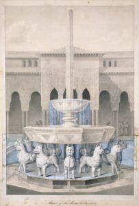 Una representació artística de la Font dels Lleons a la Cort dels Lleons de lAlhambra. La font presenta una conca central amb aigua que flueix sobre estàtues de lleons disposades en cercle. El fons mostra arcs ornamentats i detalls arquitectònics complexos.