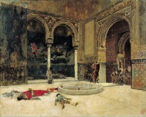Escena dramàtica que representa un entorn històric o mític amb una arquitectura elaborada. Les figures es troben immòbils a terra prop duna font ornamentada, mentre que daltres són a prop, amb un teló de fons darcs i parets intricades.