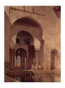 Una pintura que representa una escena arquitectònica amb arcs ornamentats i columnes, amb un grup de persones reunides prop duna piscina reflectant. La llum del sol projecta ombres als detalls complexos de lestructura, emfatitzant la seva importància històrica i cultural.