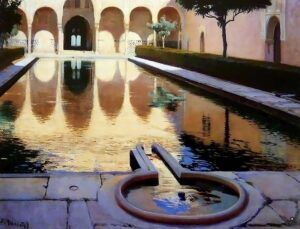 Un pati serè presenta una llarga piscina rectangular que reflecteix els arcs i els murs circumdants. En primer pla, una petita font rodona té aigua que hi corre suaument. Els arbres alts proporcionen zones dombra als costats.