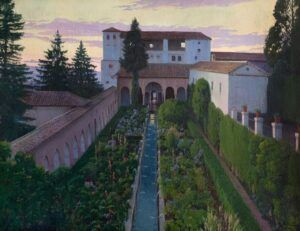 Pintura dun jardí serè amb una llarga font daigua central, flanquejat per tanques verdes exuberants i flors de colors. Al fons, hi ha un gran edifici destil mediterrani, amb arbres i una posta de sol que crea un ambient tranquil.