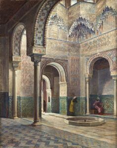 Un interior molt detallat dun palau morisc ornamentat, amb elements i patrons arquitectònics complexos. Hi ha dues figures, una asseguda i una altra dempeus prop duna columna. La llum del sol es filtra, destacant les rajoles i els arcs de colors.