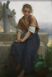 La pintura el càntir trencat, de William-Adolphe Bouguereau. Una nena al centre, amb un càntir trencat als seus peus i una bomba darrere per extreure aigua del pou.