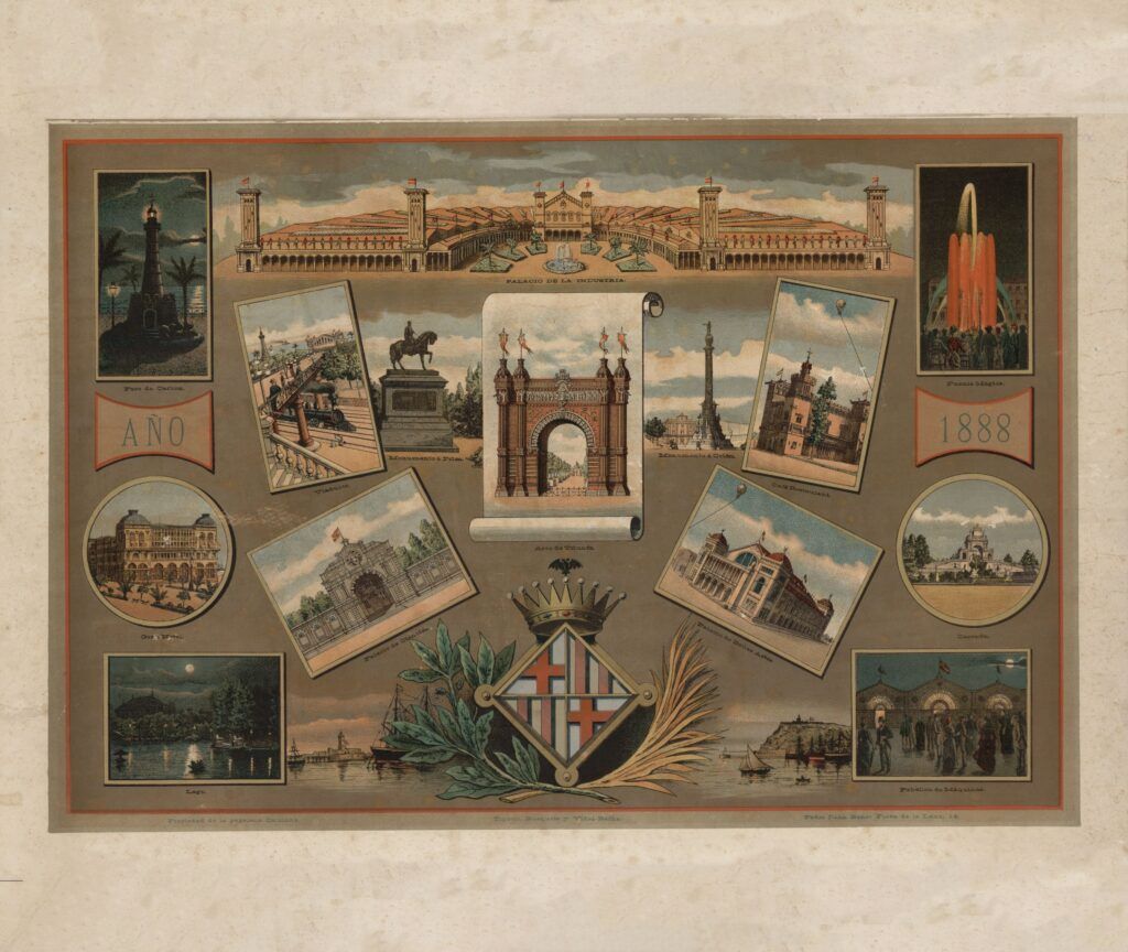 Un collage vintage muestra varios lugares emblemáticos, incluidos arcos, edificios y estatuas, del año 1888. La imagen central presenta un arco grande, rodeado de imágenes más pequeñas y elementos decorativos, como un escudo en la parte inferior.