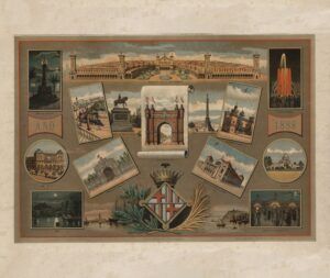 Un pòster vintage de 1888 amb diverses il·lustracions de llocs de referència i escenes, incloses fonts, estàtues i edificis, disposats al voltant dun emblema central amb vores decoratives.