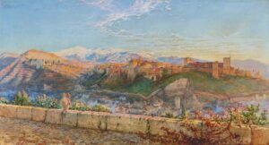 Una pintura escènica dun paisatge muntanyós amb una antiga fortalesa al cim dun turó, banyada per la llum del sol càlida. Al fons es veuen cims nevats i en primer pla hi ha un mur de pedra amb fullatge. Una gerra de ceràmica descansa a la paret.