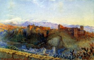 Una pintura a laquarel·la que representa el complex del palau de l'Alhambra de Granada, Espanya, amb un teló de fons de muntanyes i un cel brillant. Les estructures de color marró vermellós estan envoltades de vegetació exuberant i un camí sinuós.