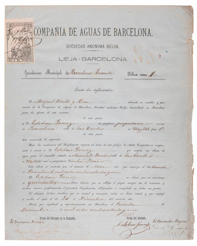 Documento antiguo de la Compañía de Aguas de Barcelona, con texto manuscrito en español y sello belga en la esquina superior izquierda. El documento está ligeramente amarillento por el paso del tiempo.