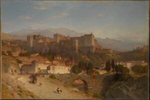 Una pintura de paisatge pintoresc mostra una vista il·luminada pel sol duna ciutat històrica amb grans edificis antics dalt dun turó. Un pont de pedra creua un riu i la gent a cavall recorre un camí de terra. Muntanyes llunyanes salcen contra un cel parcialment ennuvolat.