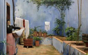 El pati blau de Santiago Rusiñol representa una escena quotidiana de la llar, el moment de fer la bugada. Hi apareix el pati de la casa, amb les parets pintades de color blau. A l'esquerra, una dona amb un cabàs ple de roba entra al pati, a la dreta s'hi observa una politja amb una corda penjada que baixa cap al pou.