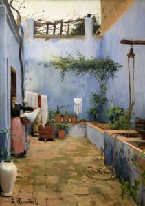 El patio azul de Santiago Rusiñol representa una escena cotidiana del hogar, el momento de hacer la colada. Aparece el patio de la casa, con las paredes pintadas de color azul. A la izquierda, una mujer con un capazo lleno de ropa entra en el patio, a la derecha se observa una polea con una cuerda colgada que desciende hacia el pozo.