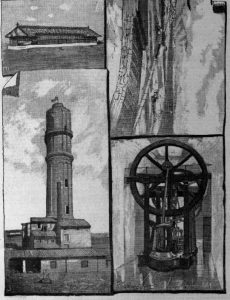 Un collage en blanc i negre de quatre il·lustracions antigues: un edifici llarg, un far alt de maó, un primer pla d'una torre o paret i un gran motor mecànic amb una roda.