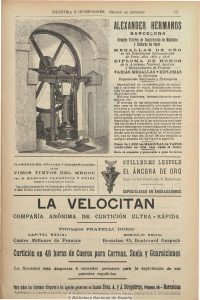 Una pàgina de revista antiga amb anuncis espanyols, que inclou una gran imatge de maquinària industrial a l'esquerra i diversos anuncis de construcció de maquinària, vi, processament de cuir i altres negocis a la dreta i a sota.