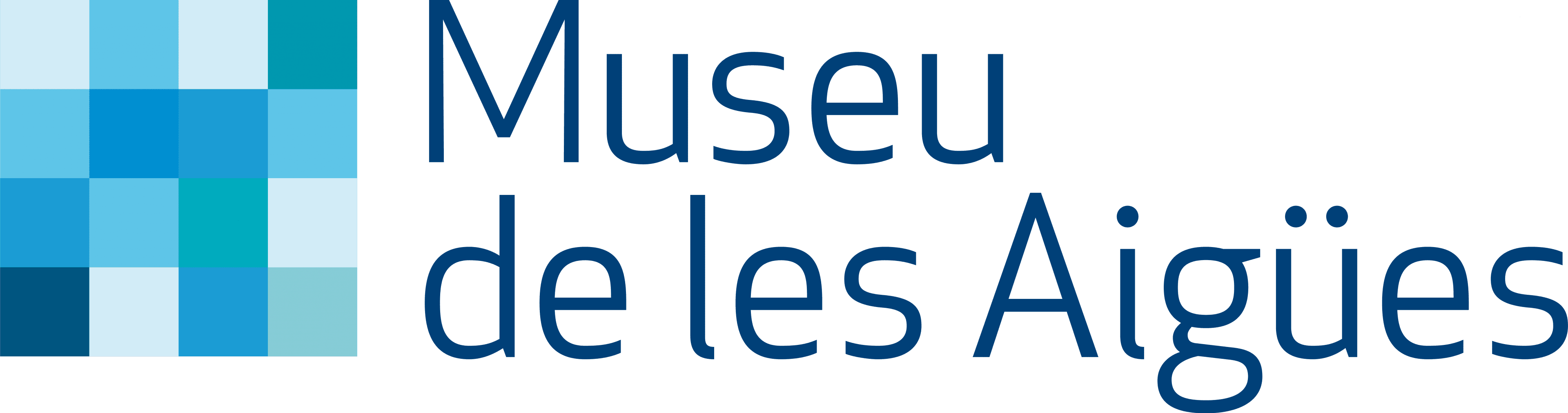 Logotip del Museu de les Aigües amb el nom en text blau i una quadrícula de quadrats blaus i turquesa al costat esquerre.